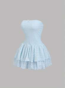 Sweetra 甜美蕾丝露肩层叠荷叶边下摆短款连衣裙，春夏