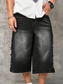 Manfinity LEGND Pantalones cortos vaqueros de hombre casuales lavados de 3/4 de longitud con bolsillos - Negro - Ver 4