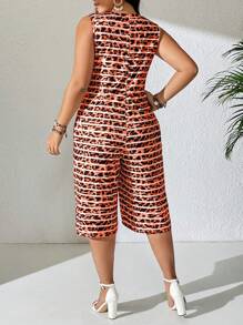 Calvaya 加大码柔软针织豹纹条纹圆领无袖不对称蝴蝶结腰部阔腿七分裤，休闲办公室家居舒适连体裤女夏装女夏装女夏季套装工作夏装女短裙夏季