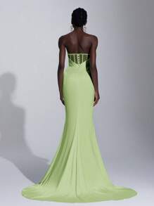 Elitara Women's Simple Solid Color Strapless High Slit Satin Wedding Dress - Mint Green - View 2