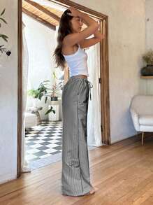 EURMUSE Damskie, lniane, ściągane, swobodne spodnie w paski - Czarne - Zobacz 4