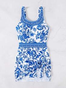Swim Lushoire Swim Lushore 女式假日圆领无袖印花收腹显瘦波西米亚风连体泳衣 - 藍白色 - 查看 6