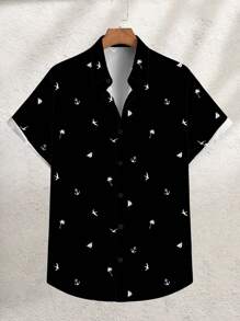 VIVINTIMO 时尚休闲度假风风景剪影印花男士加大码修身短袖衬衫，适合假日、度假、约会，夏季送给男友的礼物。 - 彩色 - 查看 3