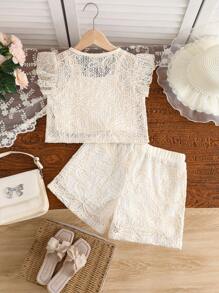 2pcs Spring/Summer Young Girls Casual V-Neck Ruffle Trim Bow Top & Jacquard Shorts Sets - Apricot - View 3