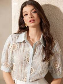 GENKIRA Nouvelle blouse d'été à manches courtes minimaliste avec décor de sequins en organza française brodée, pour le travail - Multicolore - Voir 2