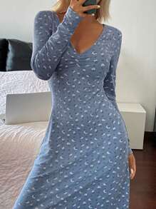 DAZY Long Ditsy Floral V-Neck Ruched Design Slim Fit Nightdress, Pajama Dress, Fall - Blue - View 6