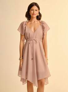 CAJUNI Women's Summer Holiday Beach Casual Tropical Bohemian Chiffon Puff Sleeve Asymmetrical Hem Short Dress - Camel - View 4