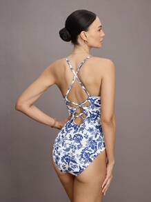 Activina Traje de baño de una pieza con tirantes finos, sin mangas y estampado floral para mujeres, para deportes de verano