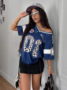 Coolane Women's Spring Summer Streetwear Y2K Leopard Print Number Graphic Football Jersey V-Neck Jersey T-Shirt - Blue - View 5