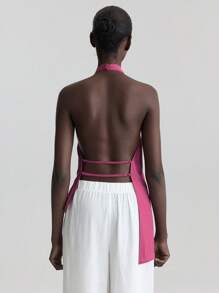 Ontre Blusa de estilo vacacional morada para todo el año, uso diario, elegante blusa holgada de cuello halter con pliegues - Morado - Ver 8