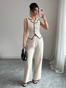 Chiquease 2pcs/Set Women Casual Contrast Color Splice Shirt And Long Pants, Simple Commuter Style, Spring/Summer - Apricot - View 1