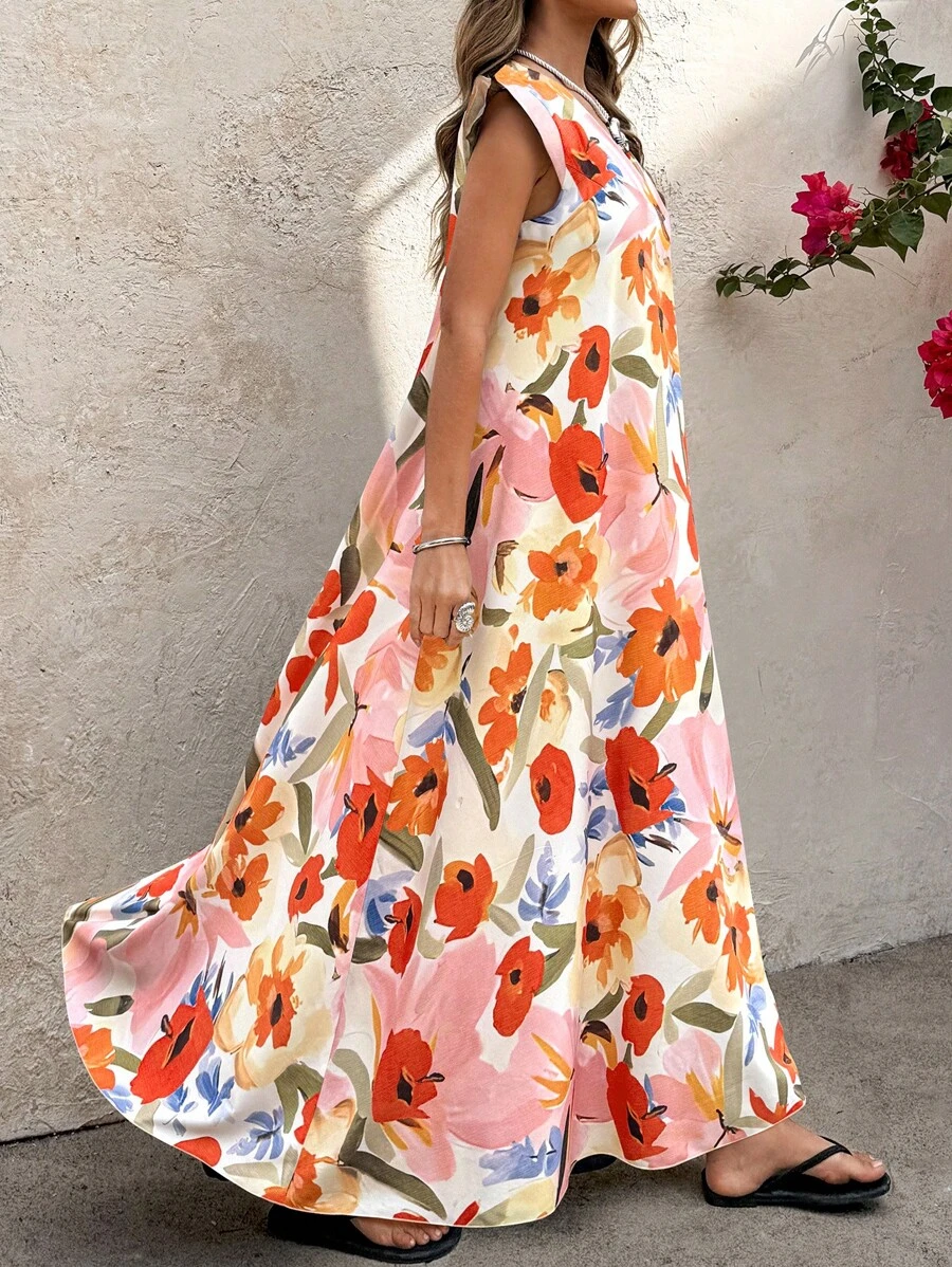 SHEIN LUNE 大码V领花卉印花休闲夏装，带短袖 - 彩色 - 查看 1