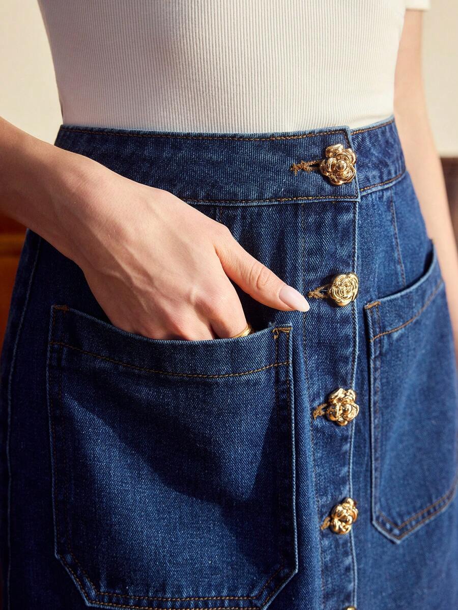 Vintamour 复古优雅女式牛仔迷你裙，带金属花朵装饰口袋，春夏合身款 - 藍色 - 查看 1