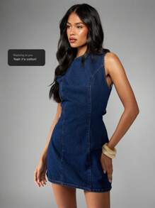MISSGUIDED Sleeveless Denim Mini Dress Back Tie Waist Detail Statement Fashion Fitted Shift Style Chic Modern Spring Casual Day Wear