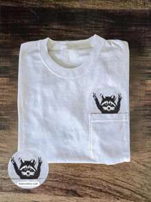 INAWLY Maglietta maglietta con ricamo procione sulla tasca, maglietta con grafica divertente di animali, blusa carina con procione, maglietta unica con tasca, blusa alla moda ricamata, regalo di moda a maniche corte ricamato per lei