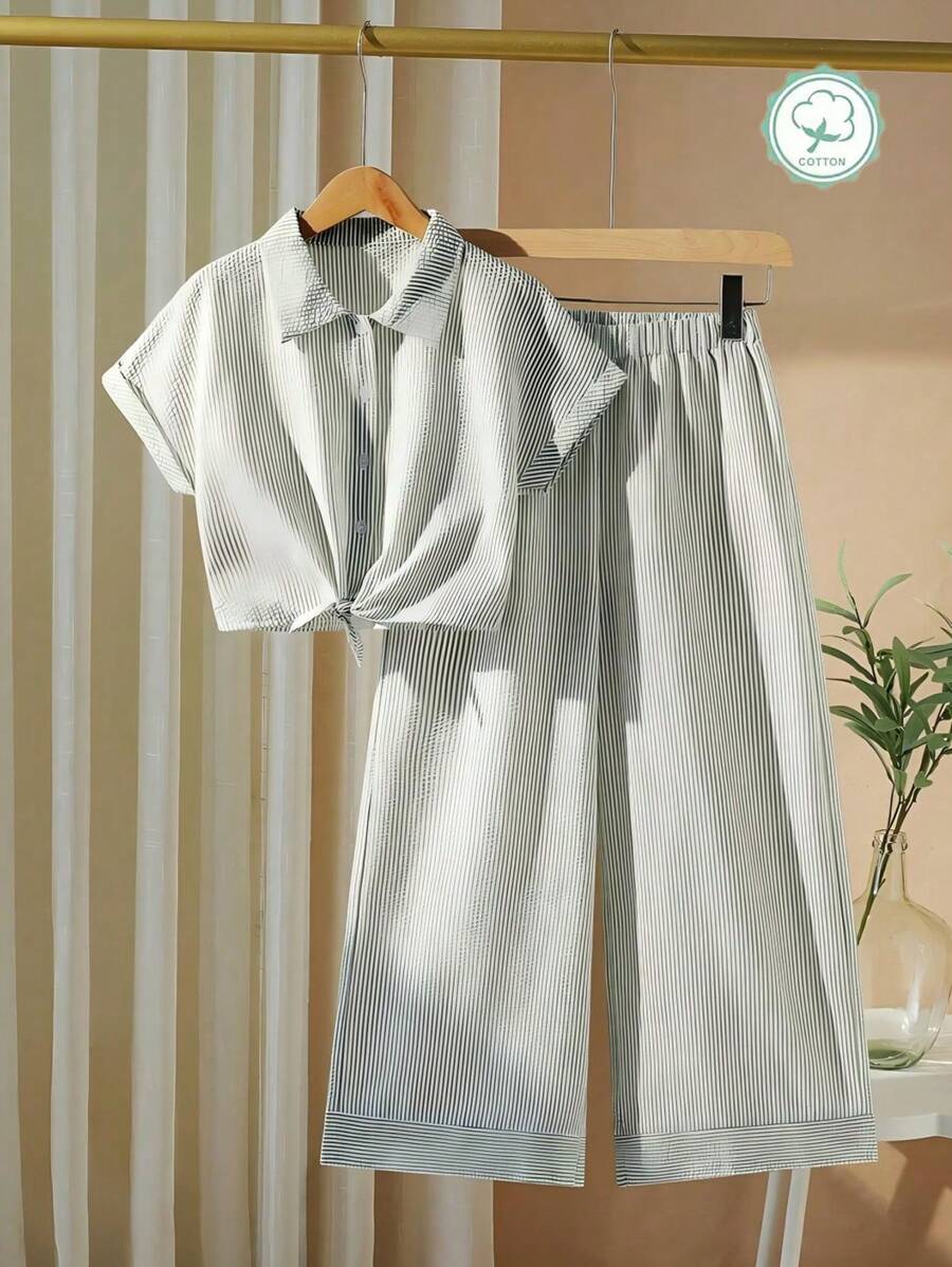SHEIN 2pcs Teen Girls Casual Striped Polo Collar Short Sleeve Cropped Top And Wide Leg Ankle Length Pants Set, Commuter Wear