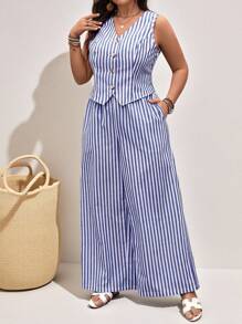 SHEIN LUNE Women Casual Striped Sleeveless Top And Striped Pants Set Festival Summer Boho Old Money Summer Outfits For Women Spring Break Rave Outfits Festival Spring Break Outfits Cotton - Multicolor - View 6