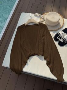 SHEIN Privé Plus Size Solid Color Cardigan, Fashionable For Fall,Wwinter,Fall - Coffee Brown - View 6