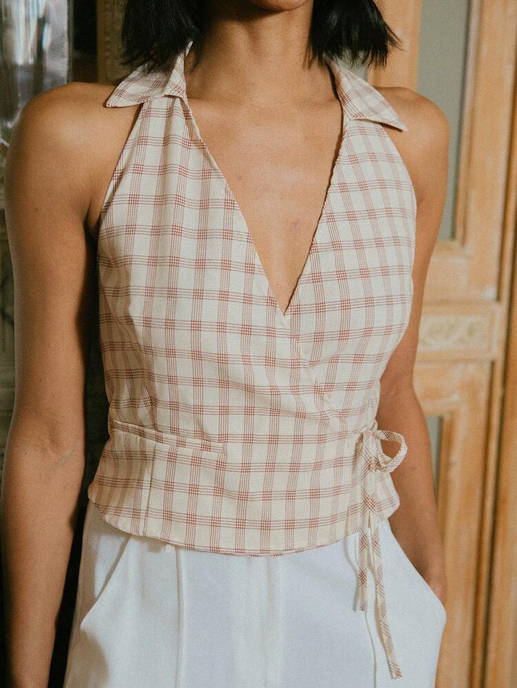 Check Sleeveless Wrap Top With Collar And Open Back European Spring Top Old Money Style Top