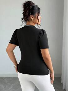 Celure Plus Size Women Elegant Solid Contrast Color Button Decor Stand Collar Short Sleeve High Stretch Knit Fabric T-Shirt, Suitable For Commuting, Work, Business Casual And Daily Wear
