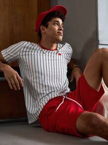 Manfinity VCAY Men's Striped Knitted Casual Short Sleeve T-Shirt And Shorts Sets Summer Outfit