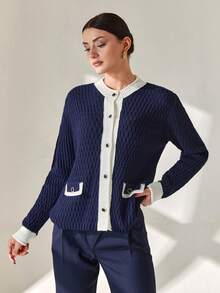 CLARA VERO Women Contrast Hem Detailed Front Button Pocket Detailed Navy Cardigan - Navy Blue - View 4