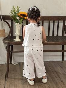 LMoss Kids LMoss 女婴纯色梭织休闲爱心图案上衣和宽松裤子两件套 - 杏色 - 查看 3