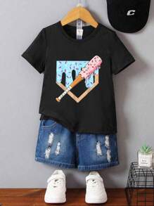 SHEIN 男童休闲舒适时尚简约冰淇淋和棒球棒印花短袖 T 恤，春夏