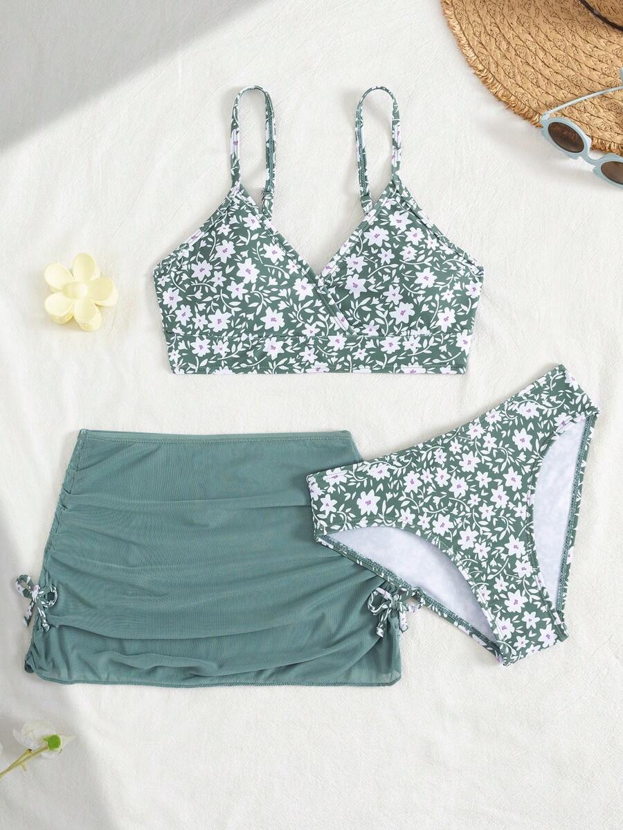 3 件套青少年女童印花比基尼泳装套装三件套泳衣套装青少年三件套泳衣花卉印花比基尼套装比基尼套装带裙青少年女童泳衣 - 墨綠色 - 查看 1