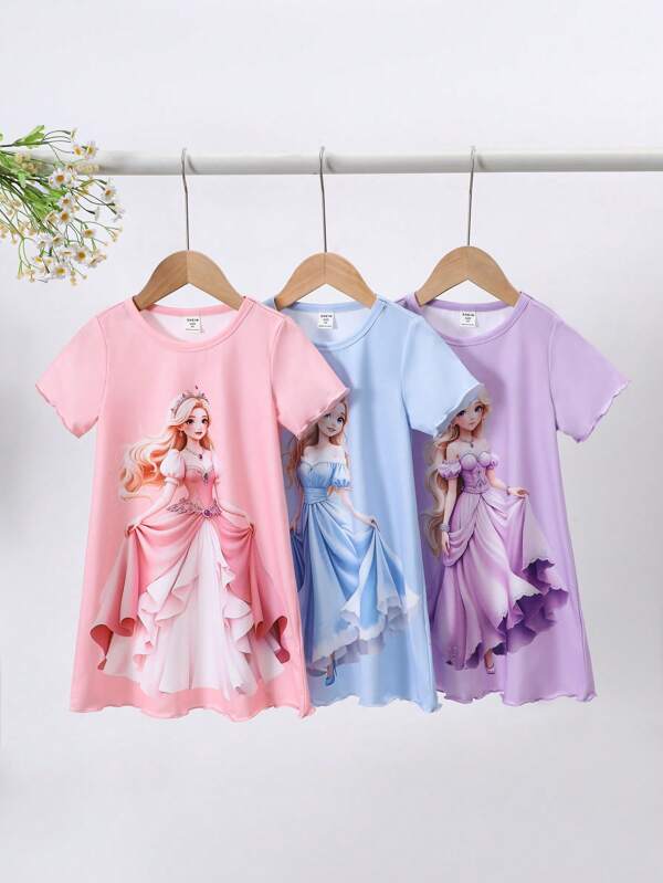 SHEIN 3 pièces/Set Dozemod Filles Mignonne Princesse de Bande Dessinée Graphique Col Rond Tricot Ample Manches Courtes Robe de Nuit