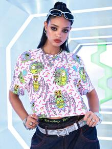 Rick and Morty X SHEIN Women's White, Green, Purple Cool Cartoon Pattern Loose Cropped T-Shirt, Casual Versatile Summer Top - Multicolor - View 4