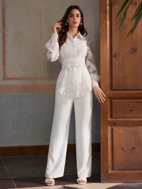 ZEYLAH Women's Single-Breasted Cutout Waist Long Sleeve Elegant Blouse