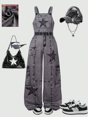SHEIN HYPEME Kids Tween Girls' Stylish Star Print Knit Suspender Pants, Fashion Street Wear For School Season, Suitable For Spring, Summer, Autumn, Daily Wear