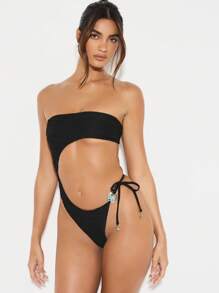 KIZN 抹胸式镂空连体泳衣，搭配绿松石花卉徽章，侧系带，适合海滩泳池，夏季度假沙滩装 - 黑色 - 查看 1