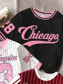 SHEIN 3pcs/Set Tween Girls Casual Striped #23 & City Letter Graphic Short Sleeve Crew Neck T-Shirts, Suitable For Summer