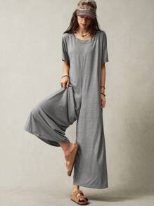 Bohemela Women's Solid Color Casual Wide Leg Jumpsuit - Light Grey - View 7