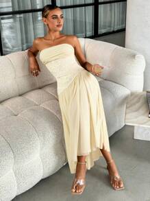 Lavishia 女式无袖纯色中长连衣裙，夏季时尚 - 杏色 - 查看 5