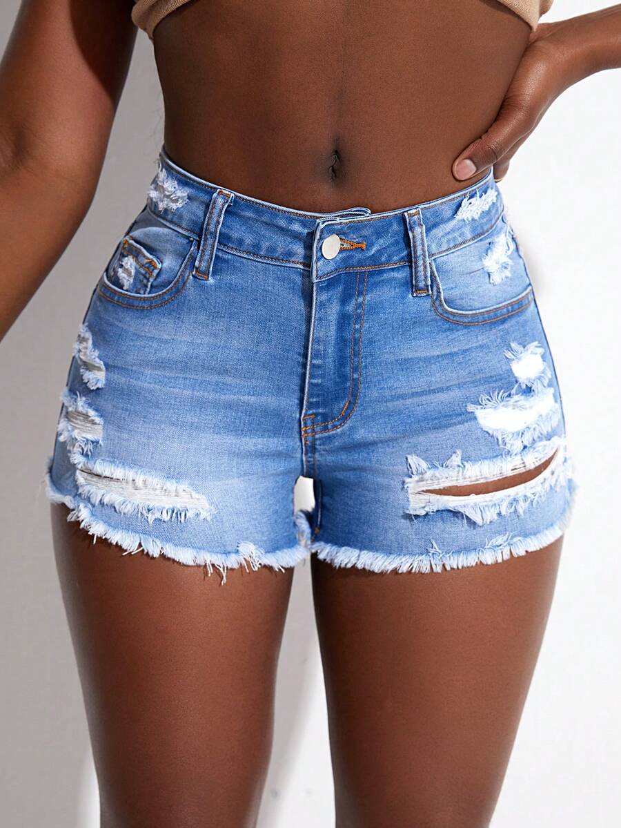 SHEIN Tall Women's Blue Ripped Denim Shorts - Blue - View 1