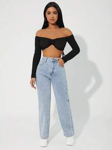 SHEIN PETITE Hög midja raka ben jeans - Ljustvätt - Visa 3