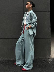 Bộ áo sơ mi cạp chun rộng màu trơn và quần jeans ống rộng cho nữ, trang phục mùa thu - Rửa nhẹ - Xem 9