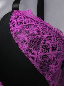 Bare Chapter 2pcs/Set Plus Size Women's Wedding Lace Patchwork Minimalist Underwire Bra With Padding, Adjustable, Lift - Multicolor - View 6