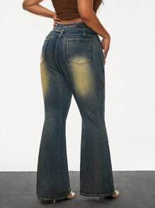 SHEIN SXY Plus Size Color Blocking Waist Belt Skinny Flare Leg Casual Jeans - Blue - View 3