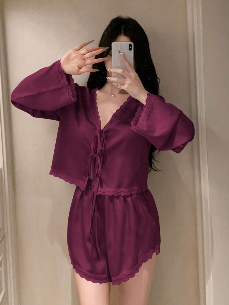 Romantic Lace Patchwork Satin Bowknot Top And Shorts Pajama Set For Women, Fall Winter Clothes