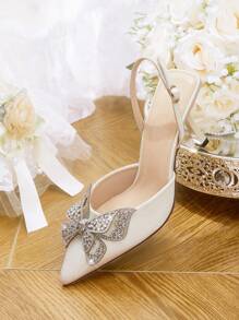 CUCCOO HITCHD 女士尖头水钻蝴蝶装饰细高跟鞋优雅浪漫缎面正装鞋，非常适合伴娘、正式活动、婚礼、派对