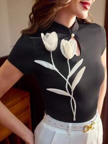 Vintamour 复古优雅女式 3D 花朵针织旗袍领短袖 T 恤，修身休闲工作旅行度假春夏商务黑色外出上衣