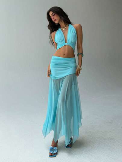 Aloruh 女士度假海滩优雅浪漫两件套：褶饰露背紧身背心和低腰褶饰鱼尾下摆开衩紧身长裙，蓝色网眼，春夏