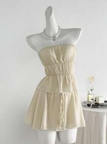 Zolique Summer Sexy Strapless Solid Color Ruffled Cropped Top And Mini Skirt 2 Pieces Set - Apricot - View 7