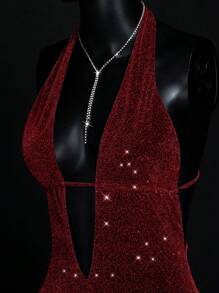 SHEIN ICON Silver Graduation Summer Party Backless Deep V Halter Back Cut-Out Metallic Ruffled Hem Mini Dress