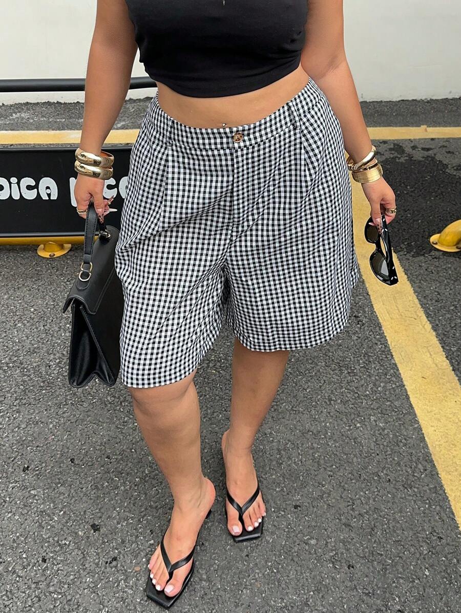 POPSWAY 春季大码女式休闲黑白格子短裤 - 黑與白 - 查看 1