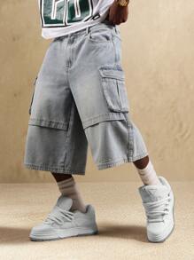 SUMWON 阔腿工装牛仔短裤街头风滑板风格长款宽松宽松短裤复古 90 年代嘻哈时尚 Y2K 都市服饰